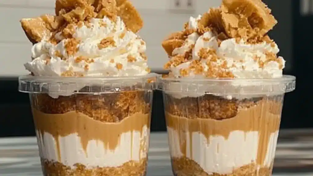 cookies and cream cheesecake cups with whipped cream on top