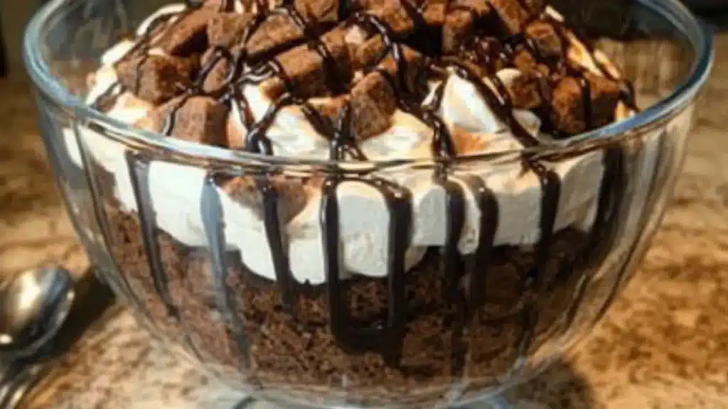 a dessert in a glass dish on a table