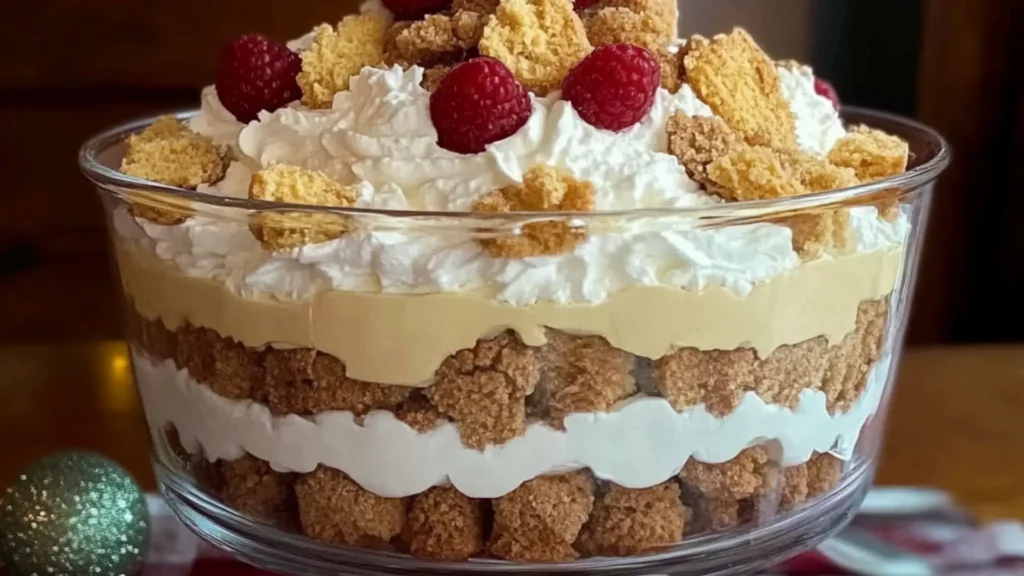 an eggnog trifle in a glass with gingerbreads on the side
