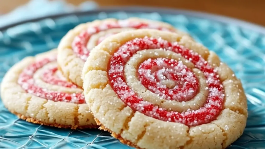 A photo of red and white peppermint swirl cookies, coated with coarse sugar. This festive holiday baking recipe features perfectly defined swirls and a delightful peppermint flavor, ideal for a sweet treat.