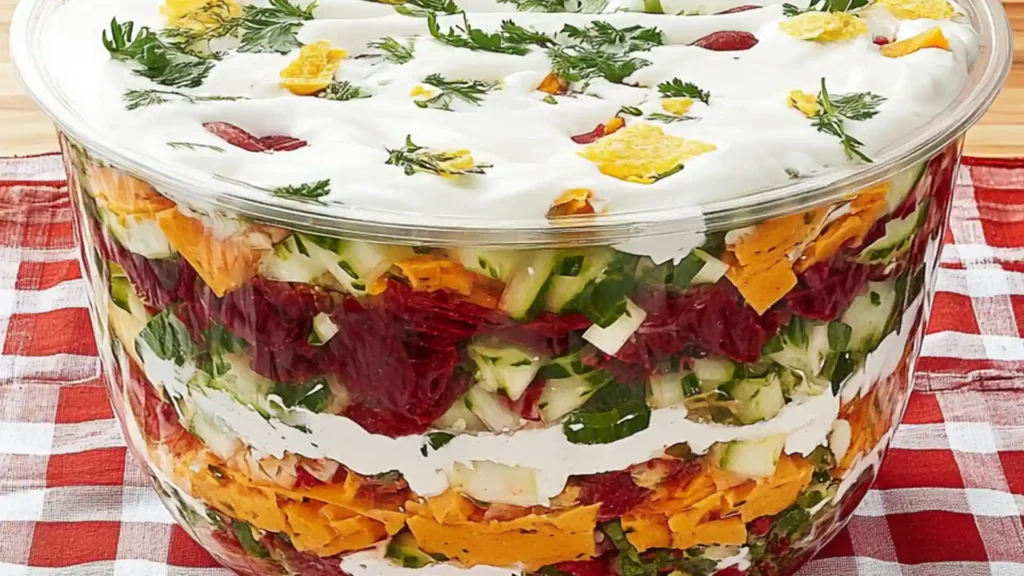 the cover of seven layer salad with bacon and green onions in it on a glass platter