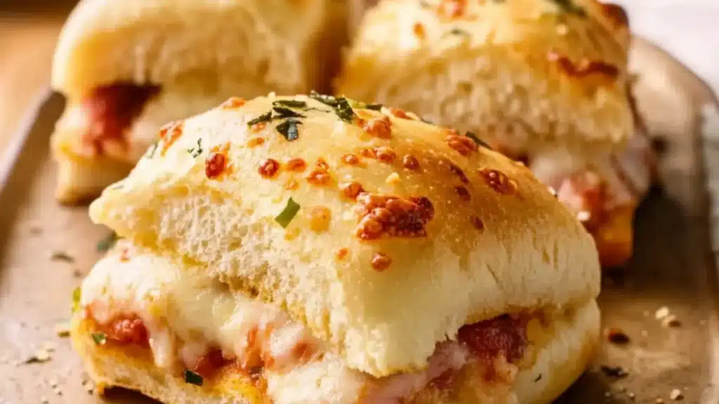 pepperoni and cheese pizza sliders with text overlay