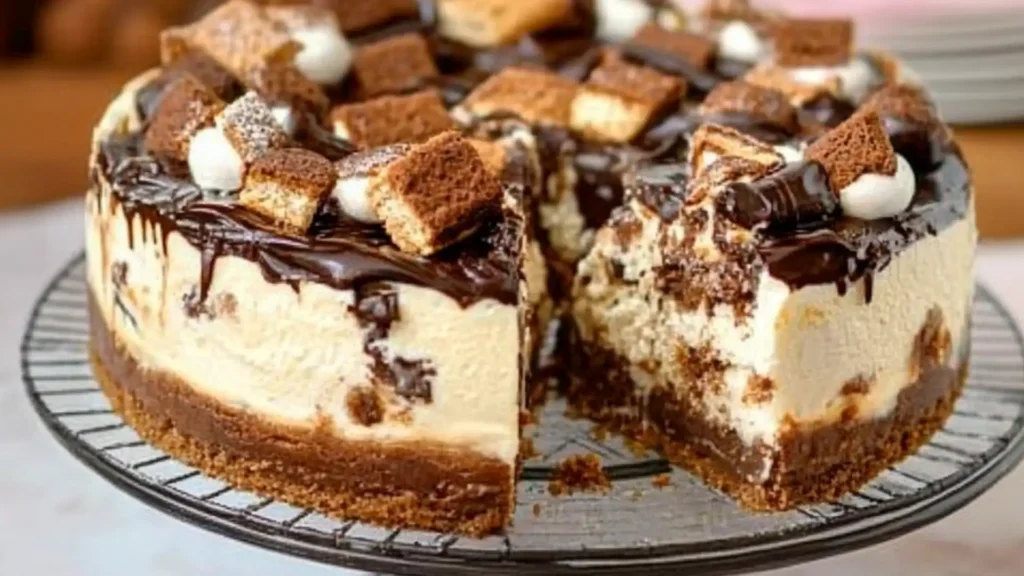 there is a piece of cheesecake with chocolate toppings on it and the title says, s'mores cheesecake