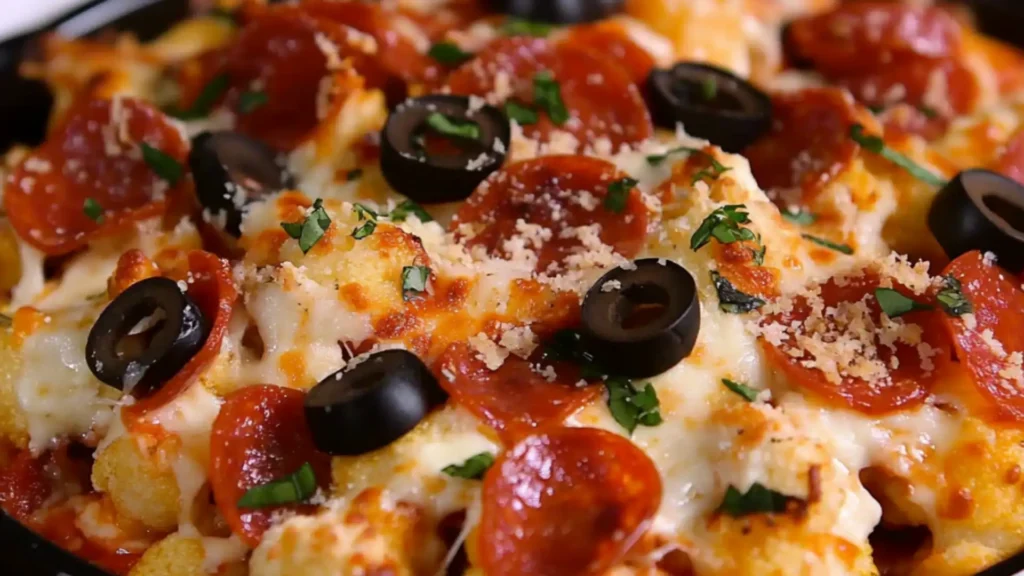 pizza in white serving dishes on a table with text overlay that reads cauliflower pizza bake