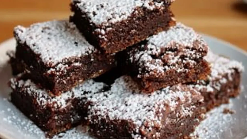 pieces of brownies stacked on top of each other with powdered sugar around them