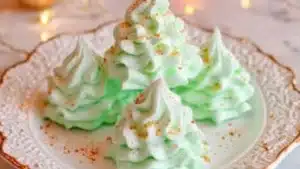 small white christmas trees sitting on top of a table