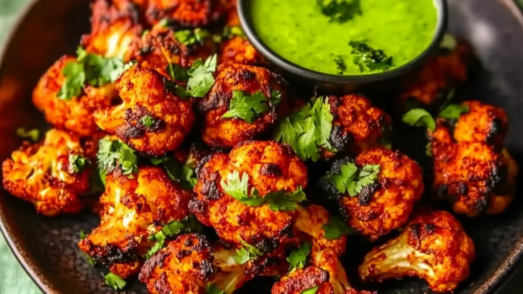 a white plate topped with cauliflower next to a fork and lime wedges