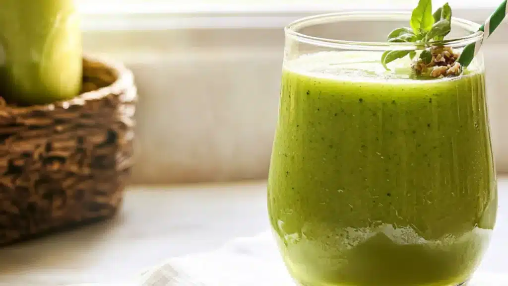 green goddess kombucha is being poured into two glass bottles