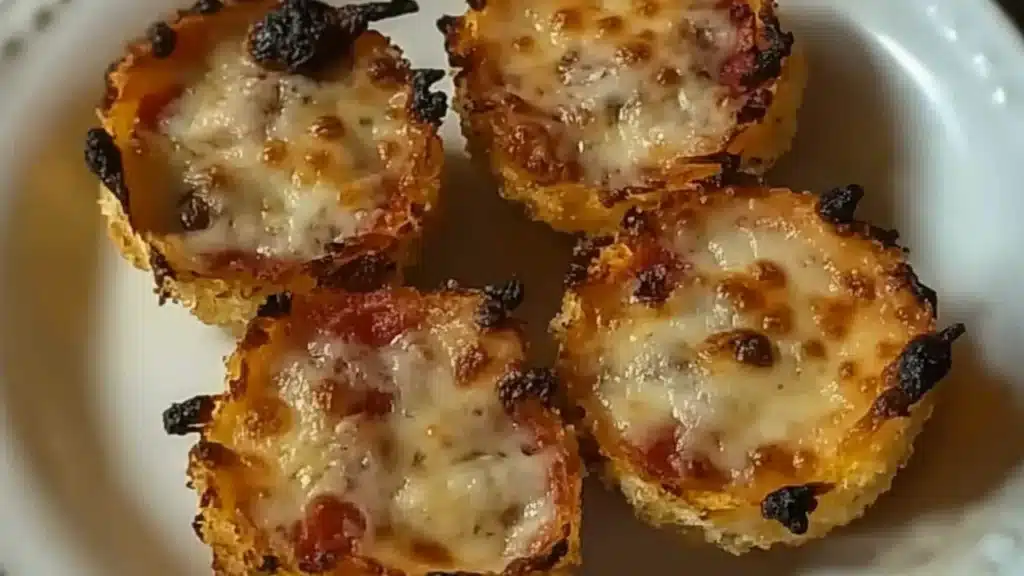 mini pizzas with cheese and pepperoni on them are sitting on a marble surface