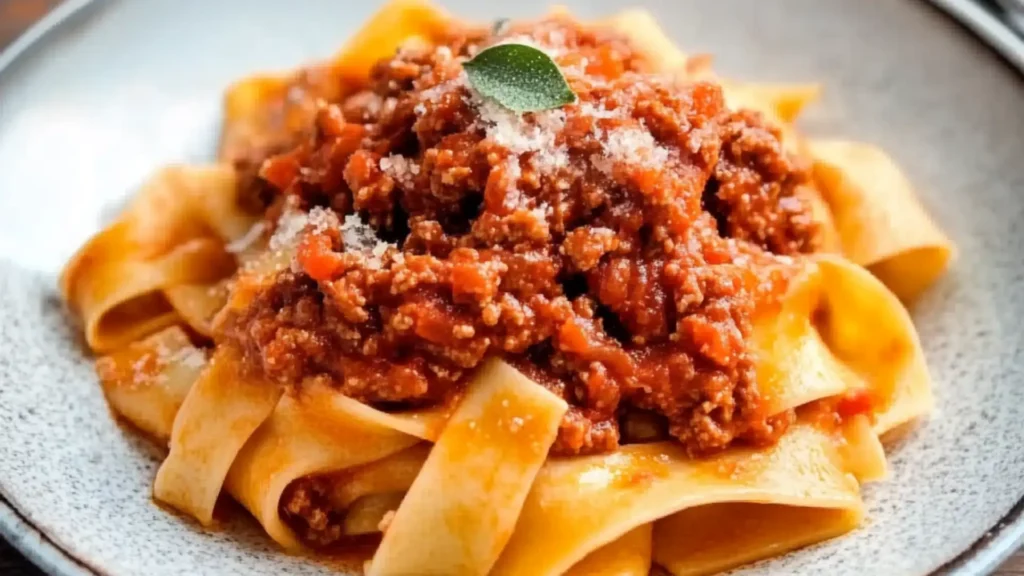 a white bowl filled with pasta and meat sauce on top of a wooden table next to bread