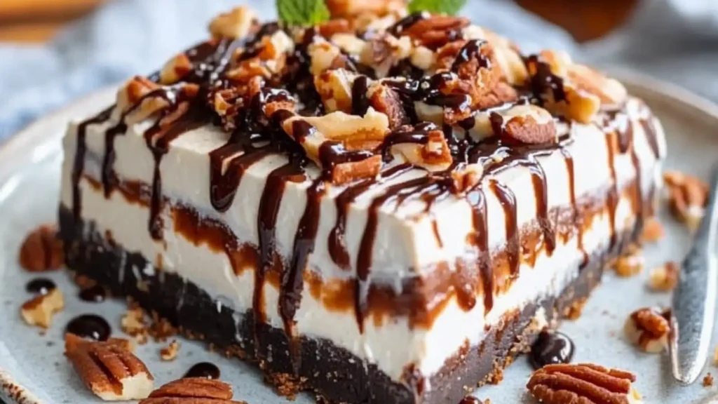 no bake turtle lush dessert with chocolate and nuts