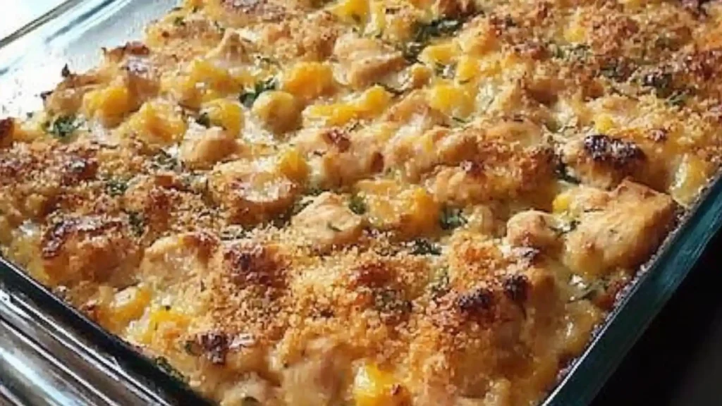 a casserole dish with meat and cheese in it on a white plate next to a wooden spoon