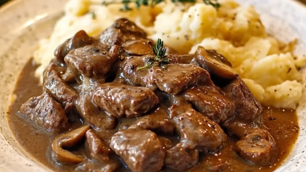 a white plate topped with meat and mushrooms next to mashed potatoes