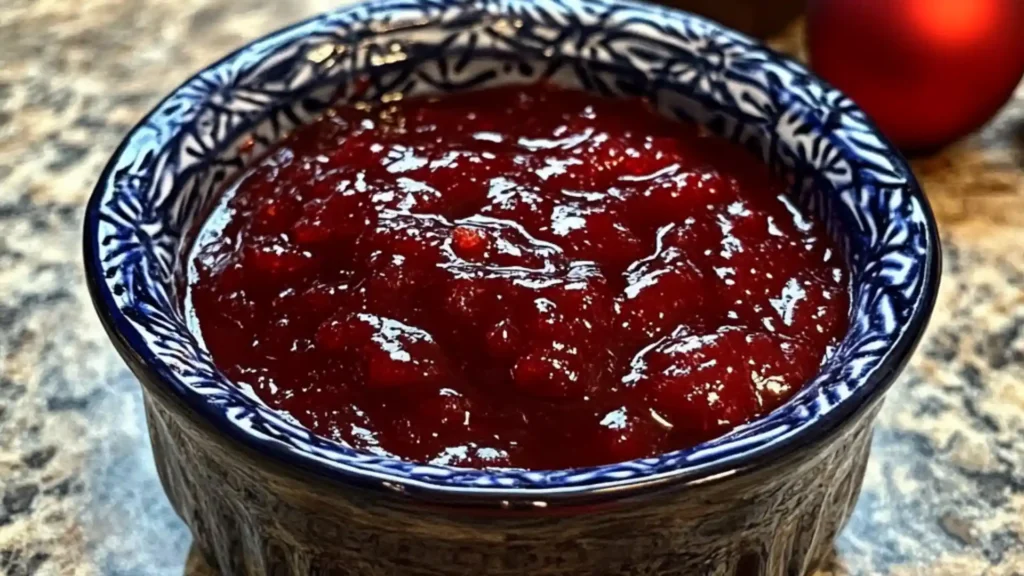 a jar filled with christmas jam next to another jar full of cookies and cranberries