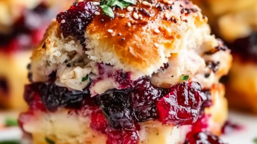 turkey sliders with cranberry sauce and cheese on top, served on a white plate