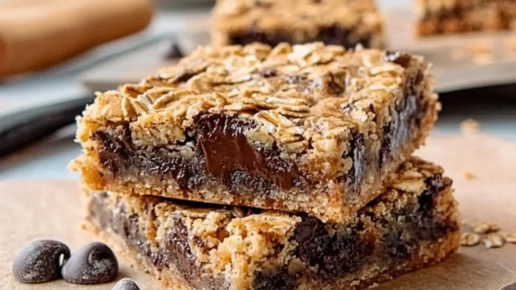 oatmeal chocolate chip bars stacked on top of each other with text overlay