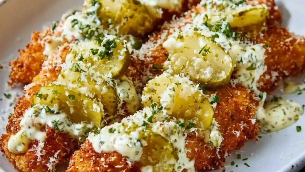 dill pickle parmesan chicken with cucumbers on the side