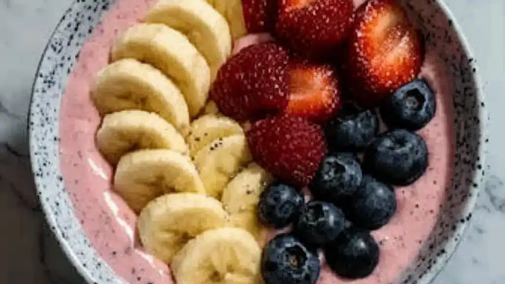 a bowl filled with fruit and yogurt on top of a white countertop