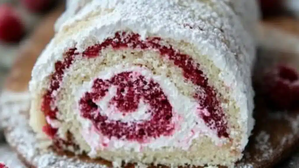 raspberry swirl christmas roll on a plate