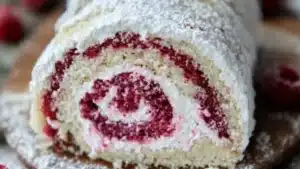 raspberry swirl christmas roll on a plate