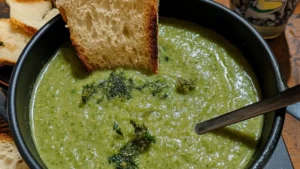 Green sauce in a bowl with broccoli in the back ground