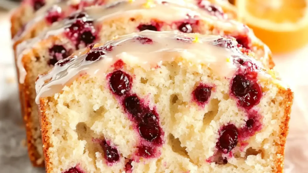 cranberry bread with orange glaze is cut in half on a white plate
