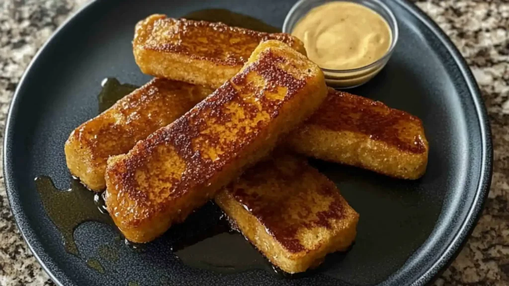 homemade french toast sticks stacked on top of each other