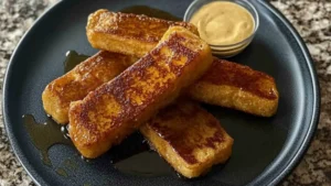 homemade french toast sticks stacked on top of each other