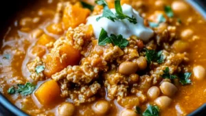 a bowl of pumpkin white bean chili with a spoon in it and text overlay