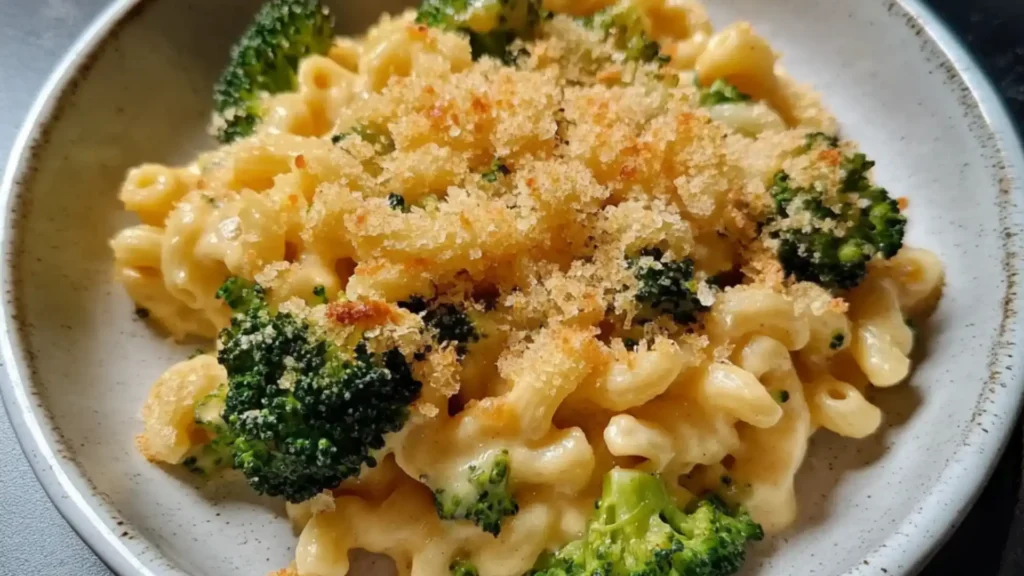 a white plate topped with macaroni and broccoli