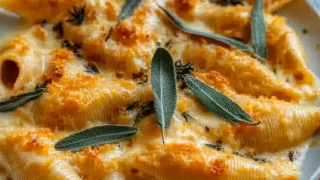 pumpkin and goulad stuffed shells with brown butter sage sauce in a white dish