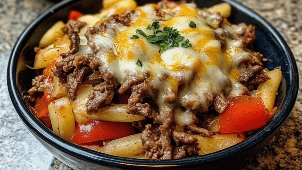 a bowl filled with meat and rice covered in sauces, garnished with parsley