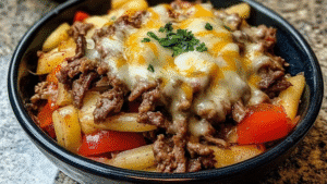 a bowl filled with meat and rice covered in sauces, garnished with parsley