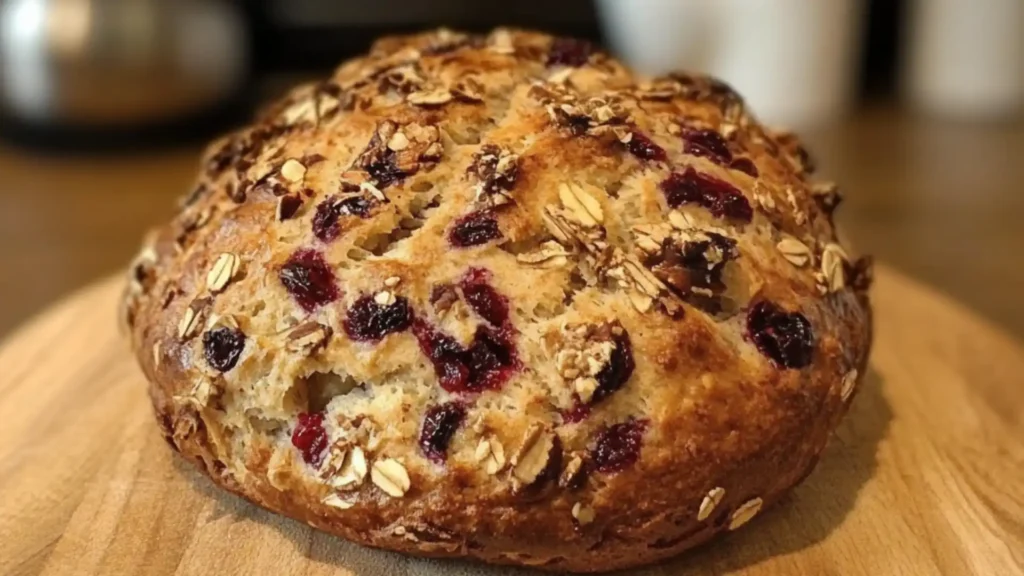 cranberry walnut bread is sliced on a cutting board with text overlay that reads, cranberry walnut bread no knead