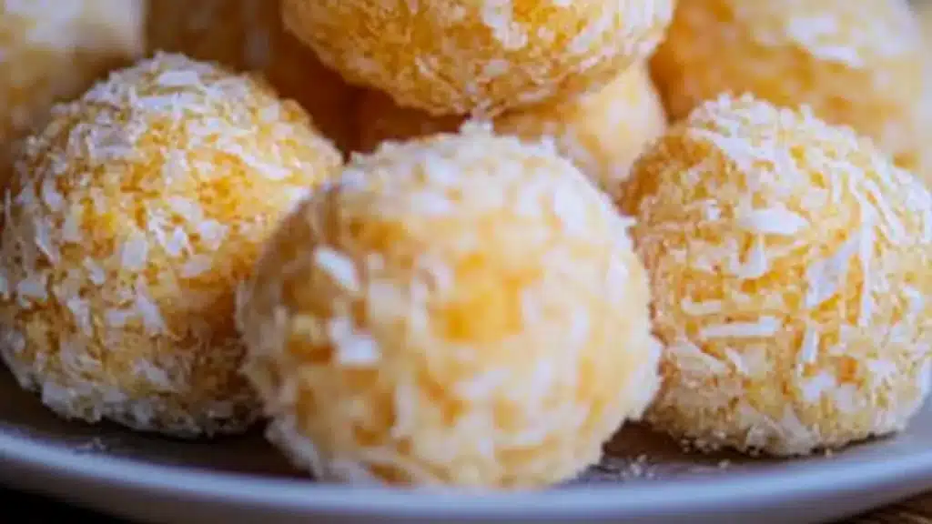the best and easy pineapple balls on a plate with text overlay that reads, the best & easy pineapple balls