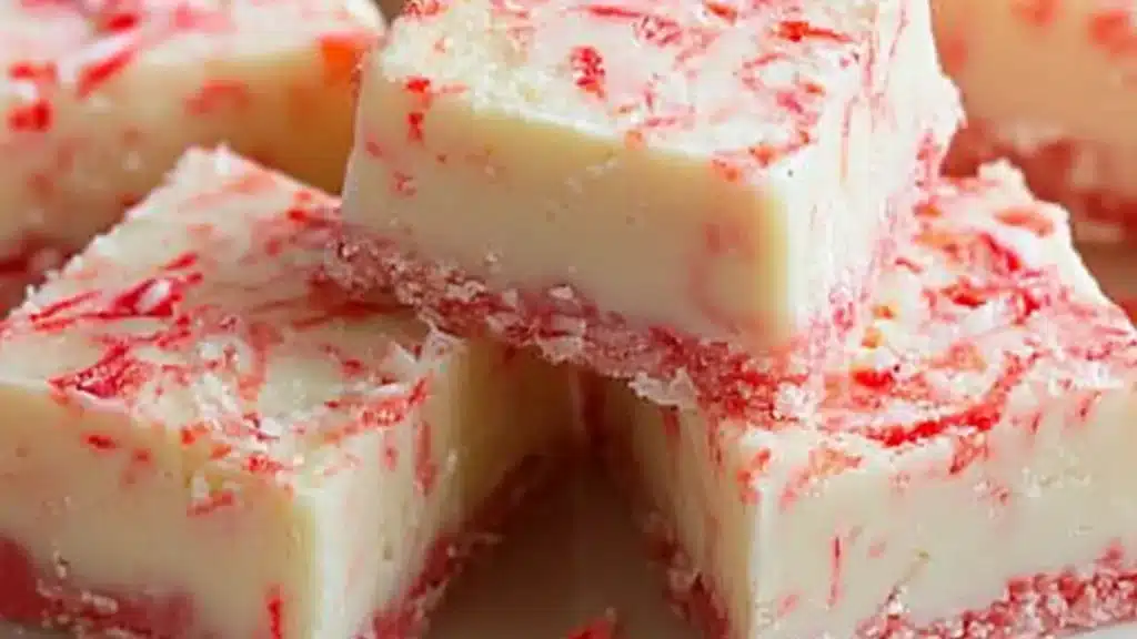 A dual-layered image featuring peppermint swirl fudge. The top half shows a close-up of a decadent square of fudge with rich chocolate and creamy white swirls, garnished with crushed peppermint candy on top, emphasizing the festive flavor and smooth...