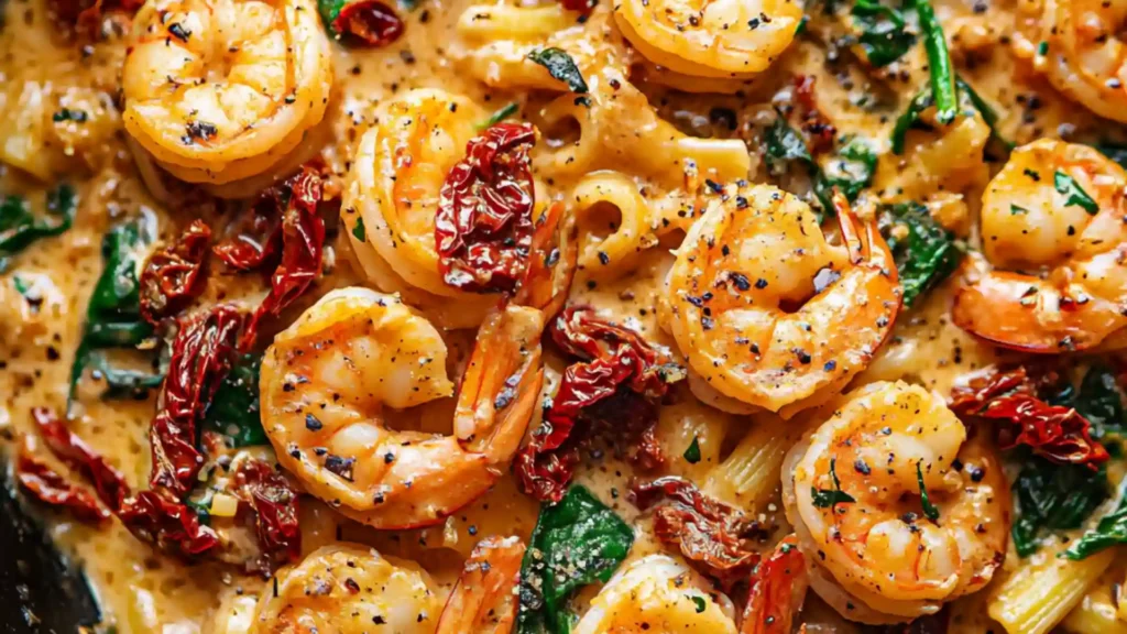 the recipe for creamy sun dried tomato shrimp with pasta is shown in a bowl
