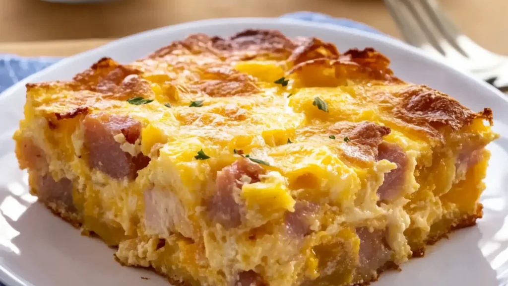 the words amish breakfast casserole are overlaid with images of eggs and bacon