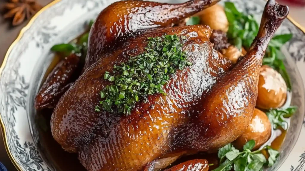 a roasted chicken in a pan with the words, five spice roasted duck on it