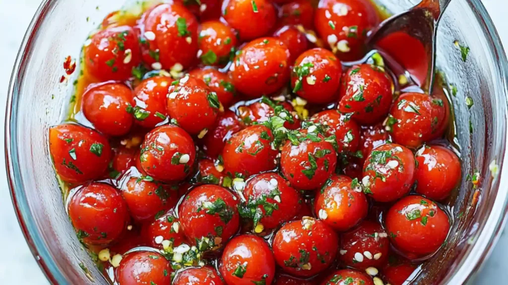 tomatoes and other vegetables are shown in this collage with the words marinated cherry tomatoes