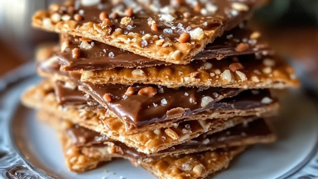 a stack of chocolate covered toffee on top of a wooden cutting board with the words, ritz cracker toffe
