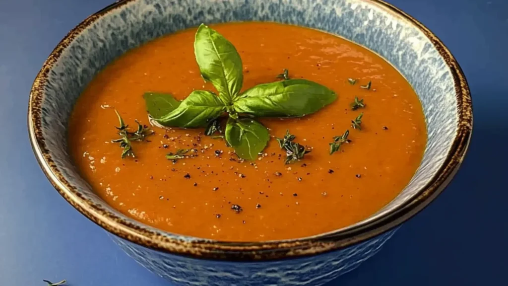 creamy roasted cherry tomato soup in a white bowl