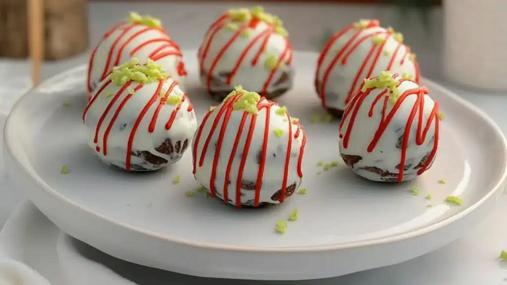 a white plate topped with cake balls covered in frosting