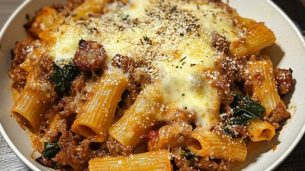 creamy sausage pasta with spinach in a white bowl