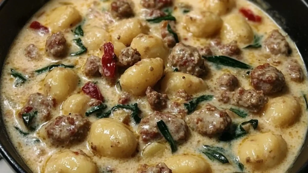 creamy italian sausage and gnocchi soup in a bowl with the title above it
