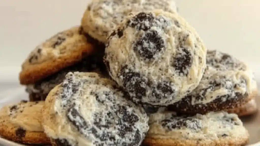 oreo cheesecake cookies stacked on top of each other with the title above it