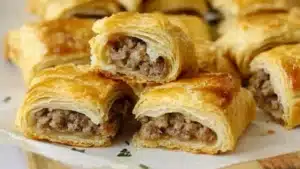 several pieces of meat filled pastry sitting on top of a white plate with one slice cut out