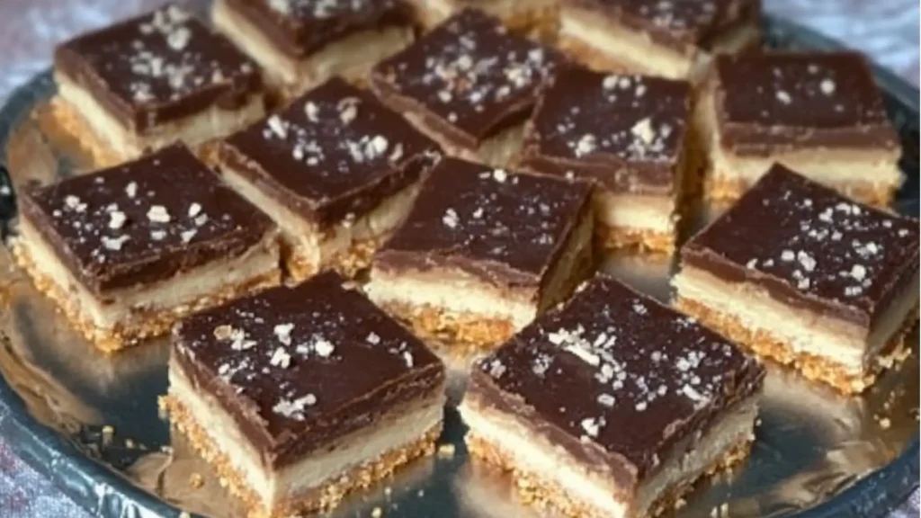 triple layer cracker toffe bars stacked on top of each other with text overlay