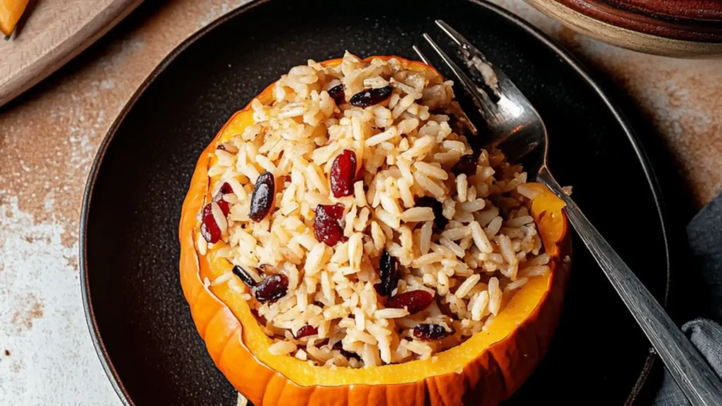 a white plate topped with a stuffed pumpkin filled with rice