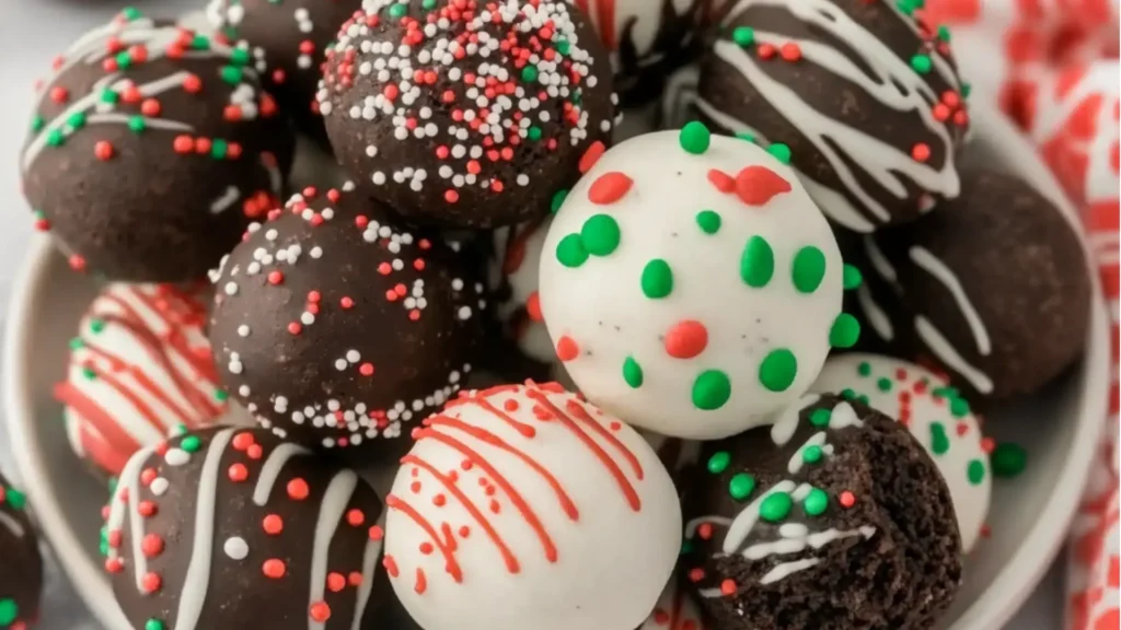 christmas oreo balls with chocolate and sprinkles on top in a white bowl